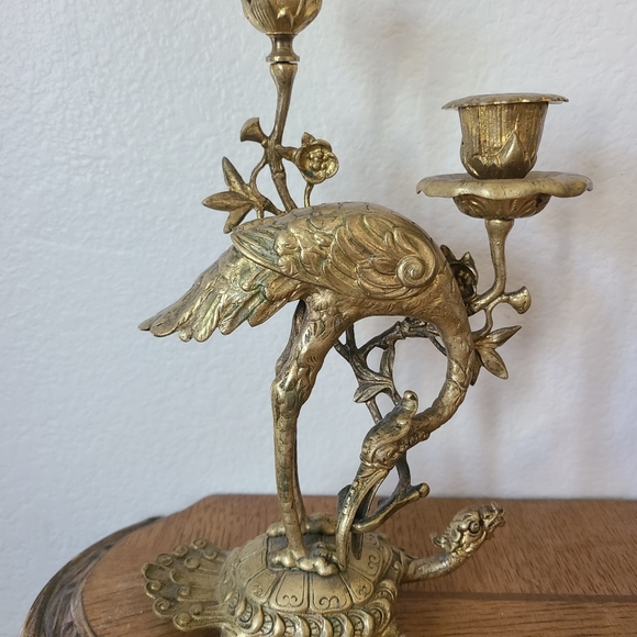 Japanese Gilt Bronze Crane on Dragon Turtle Candlesticks 19th Century - Antique - Picture 2 of 7